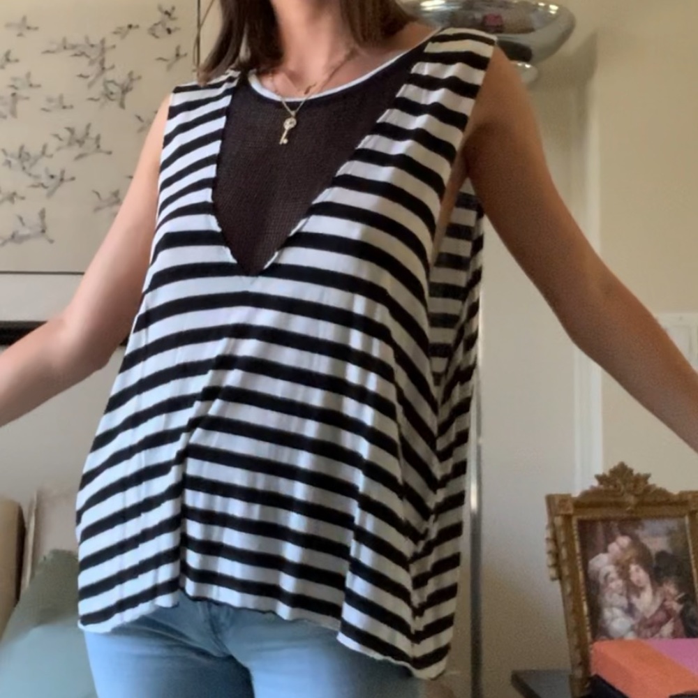 LF Mesh V Black and White Striped Muscle Tee